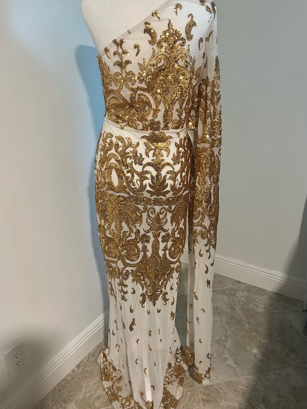 One-Shoulder White Gown with Gold Sequin Embroidery